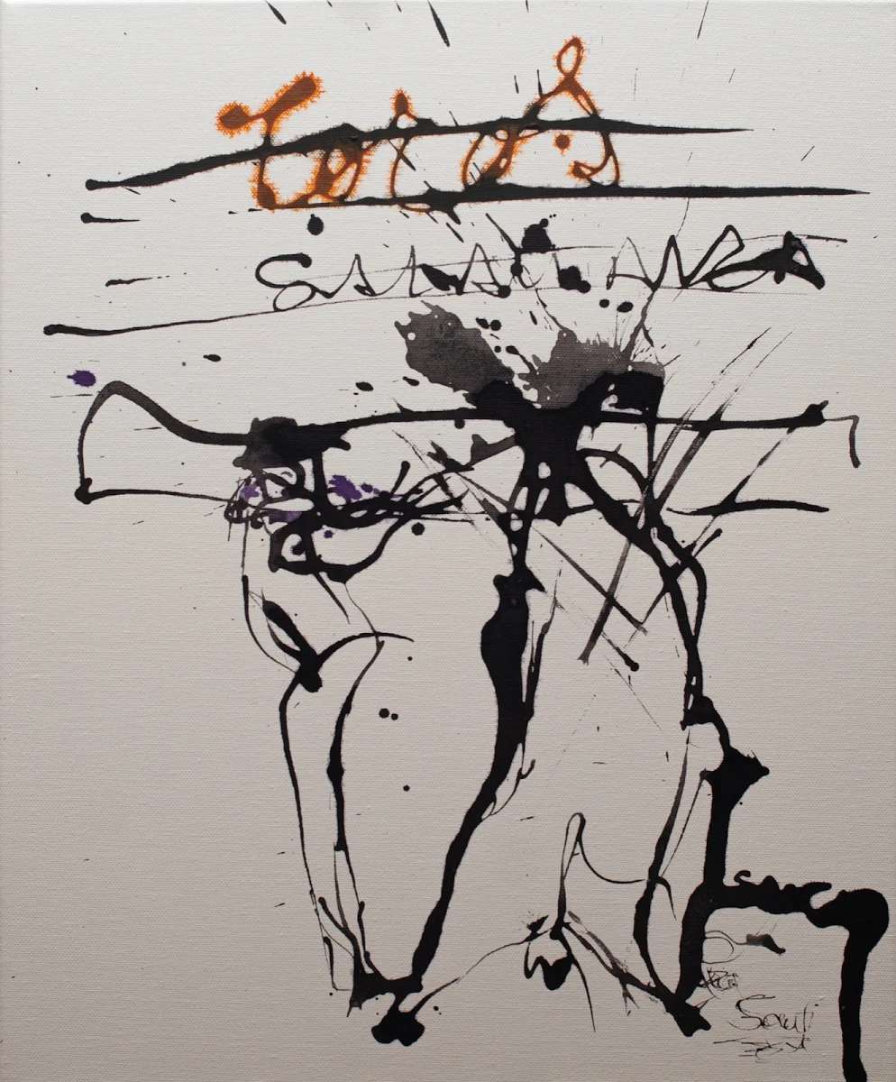 De toros y otros lances, abstract painting by Jayo: Inks on canvas, 40 × 50 cm