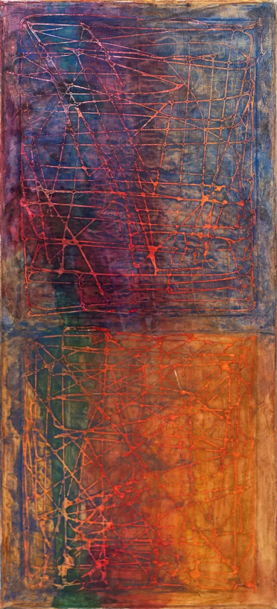 Geometría en naranja, abstract painting by Jayo: Pigments and inks on canvas, 30 × 70 cm
