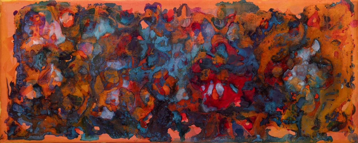 Formas y colores, abstract painting by Jayo: Acrylic and ink on canvas, 20 × 50 cm
