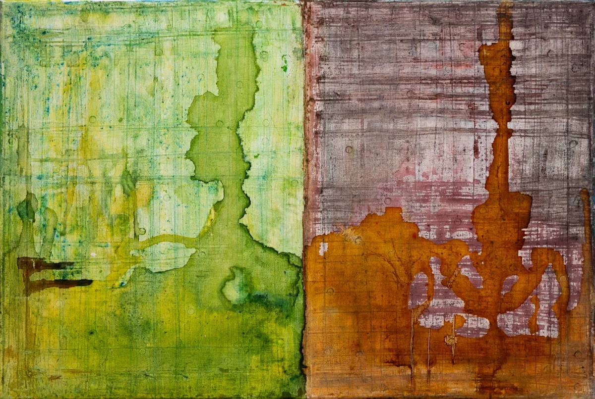 Pareceres y parecidos, abstract painting by Jayo: Acrylic and inks on canvas, 30 × 40 cm