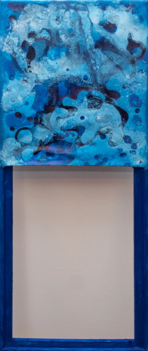 Mares azules y vacíos, abstract painting by Jayo: Mixed media (acrylic and inks) on canvas, 20 × 50 cm