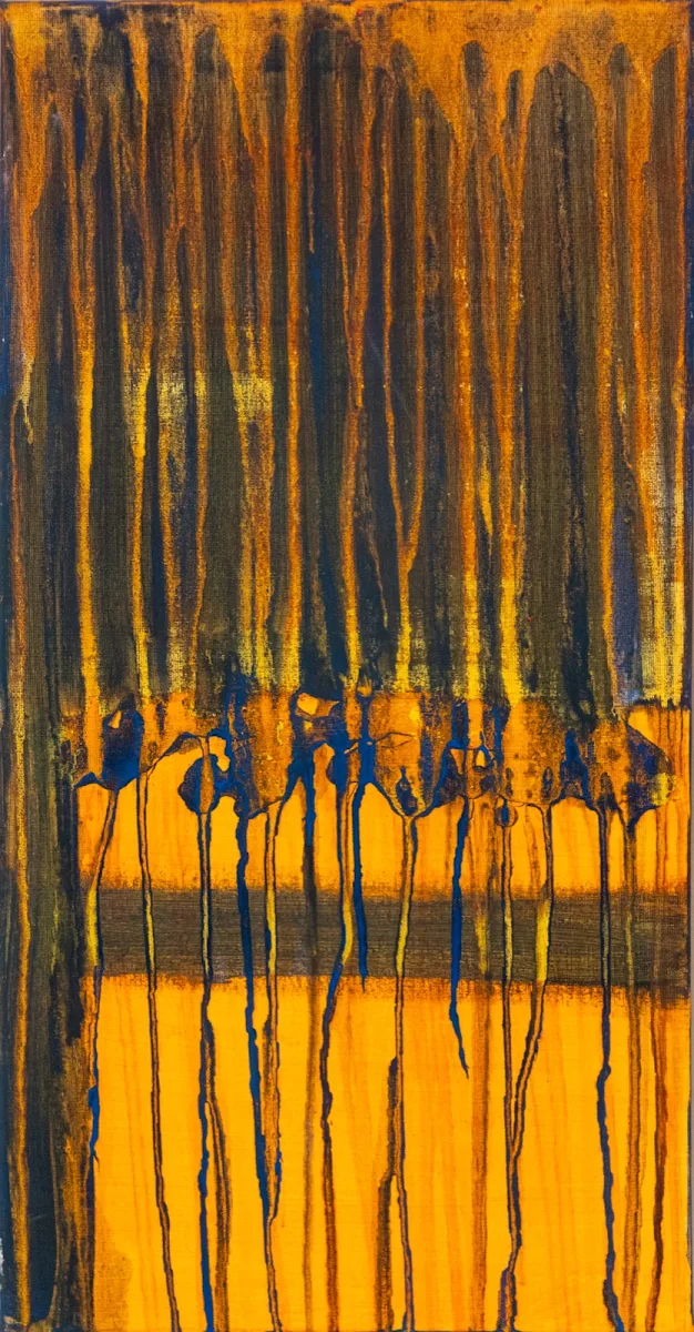 Naranjas y azules, abstract painting by Jayo: Pigments on canvas, 30 × 60 cm