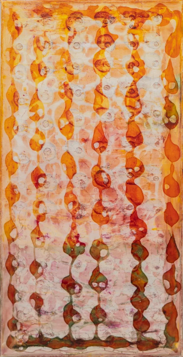 Cortina en naranja, abstract painting by Jayo: Mixed media (acrylic, inks and gesso) on canvas, 30 × 60 cm
