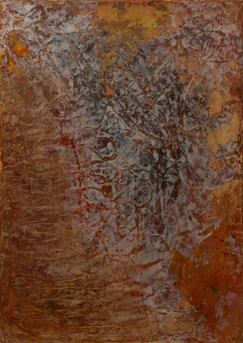 Bronces y metal, cuadro abstracto de Jayo: Acrílico y tintas sobre lienzo, 40 × 50 cm