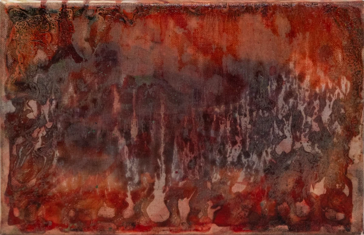 Inferno 2, abstract painting by Jayo: Inks on canvas, 20 × 30 cm