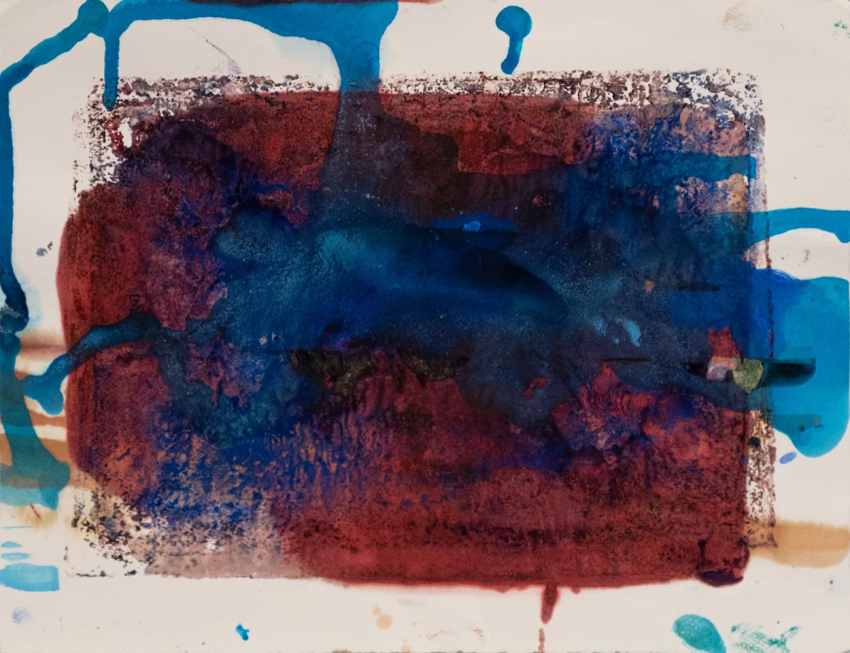 Añiles y azufre VIII, abstract painting by Jayo: Inks and pigment on paper, 34 × 24 cm