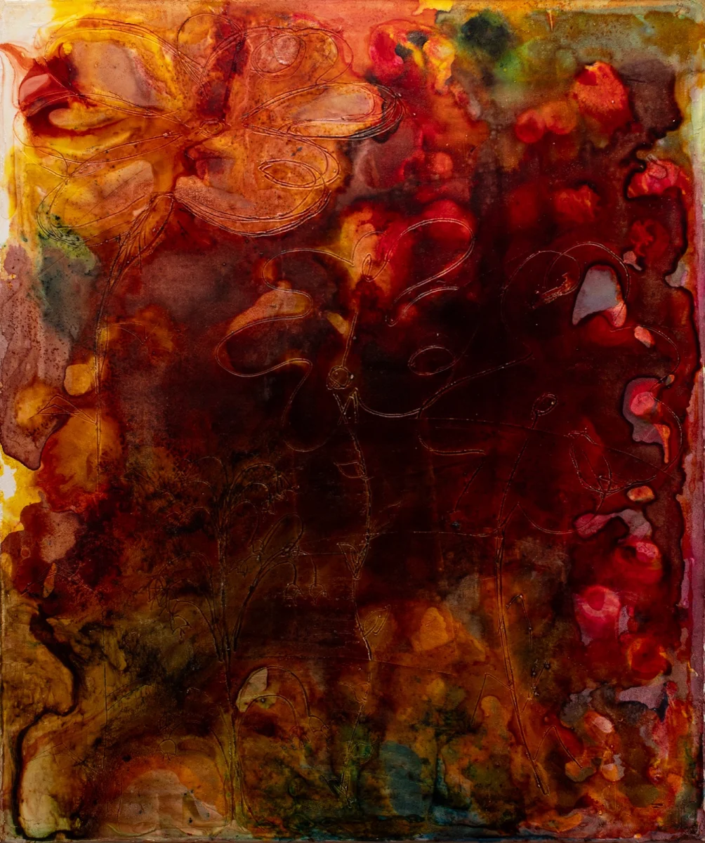 Jardín en rojo sangre, abstract painting by Jayo: Mixed media (acrylic and inks) on canvas, 40 × 50 cm