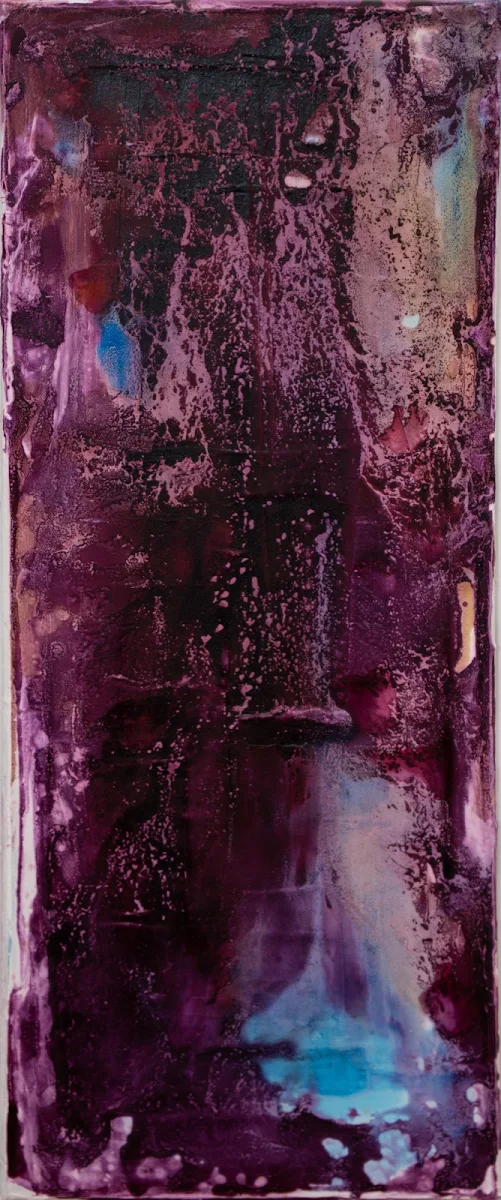 Laberinto de morados y azules, abstract painting by Jayo: Acrylic and inks on canvas, 20 × 50 cm
