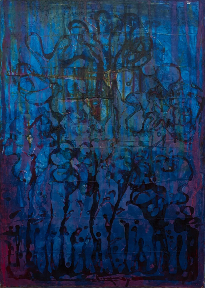Flores en azul, abstract painting by Jayo: Pigments on canvas, 50 × 70 cm