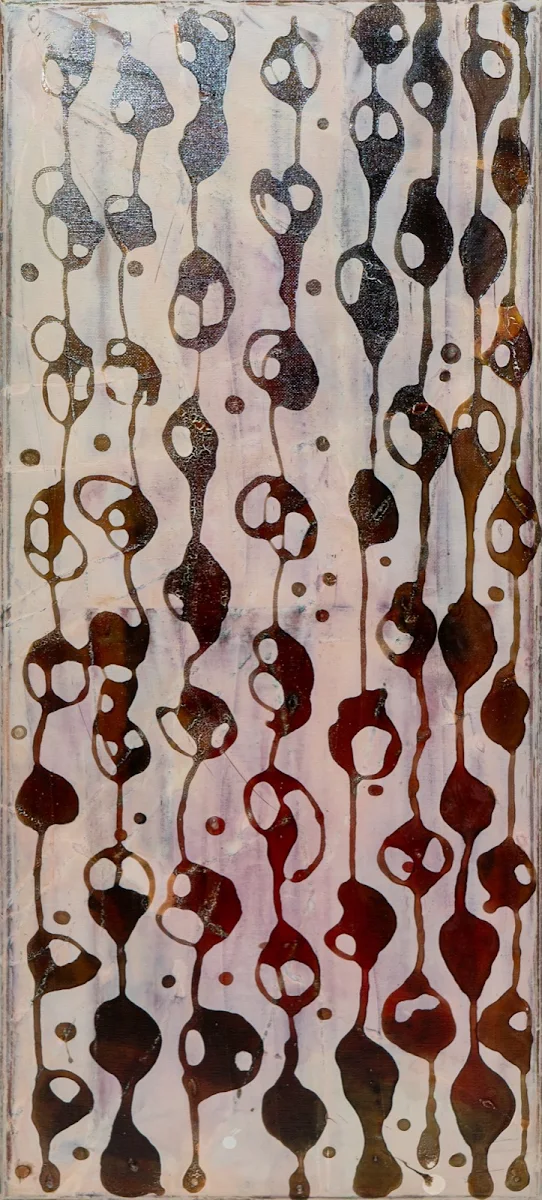 Cortina en rojo sangre, abstract painting by Jayo: Mixed media (acrylic, inks and gesso) on canvas, 30 × 70 cm