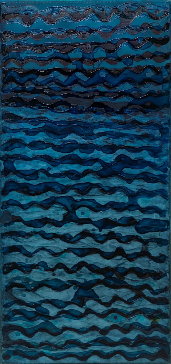 Ondas en azul, abstract painting by Jayo: Inks on canvas, 20 × 70 cm