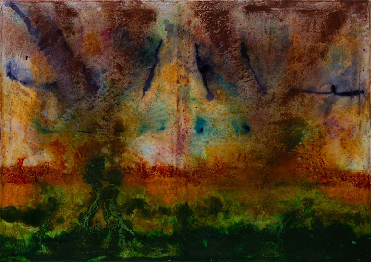 Apocalipsis y paralelismo, cuadro abstracto de Jayo: Acrílico y tintas sobre lienzo, 50 × 70 cm