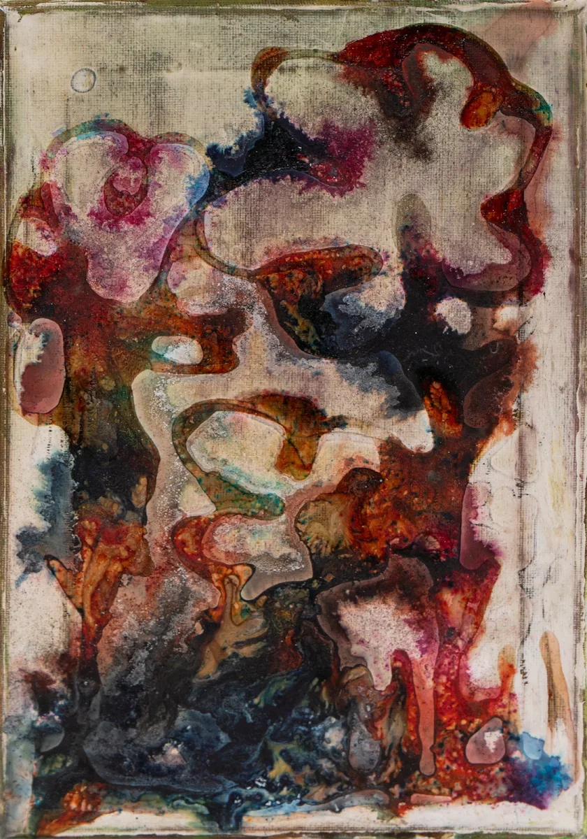 Azulejos II, abstract painting by Jayo: Inks on canvas, 20 × 30 cm