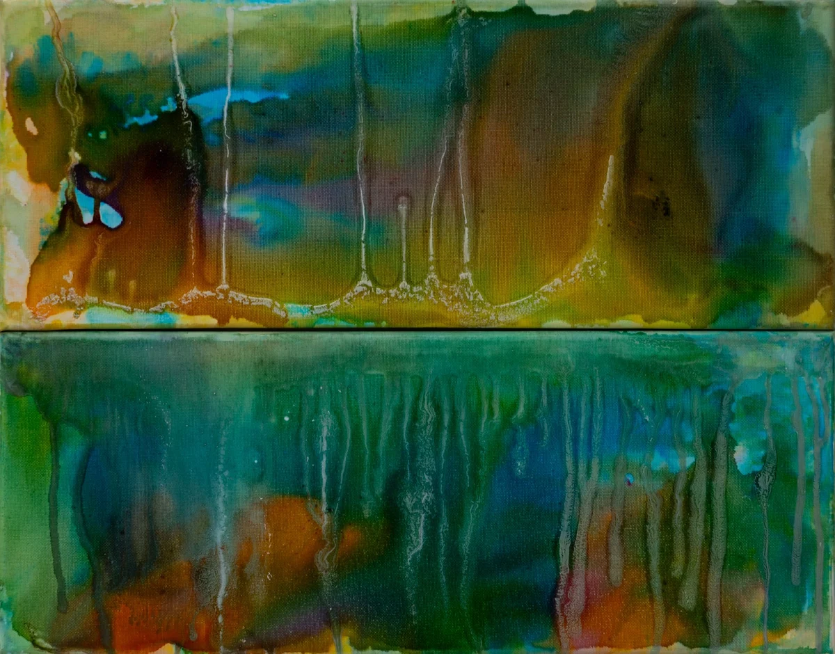 Cuevas y selvas, cuadro abstracto de Jayo: Acrílico y tintas sobre lienzo, 20 × 50 cm (2)