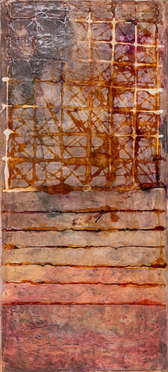 Geometría en ocres y dorados, abstract painting by Jayo: Acrylic and inks on canvas, 30 × 70 cm