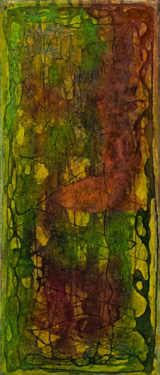 Hilos interminables y verdes, abstract painting by Jayo: Inks on canvas, 20 × 50 cm