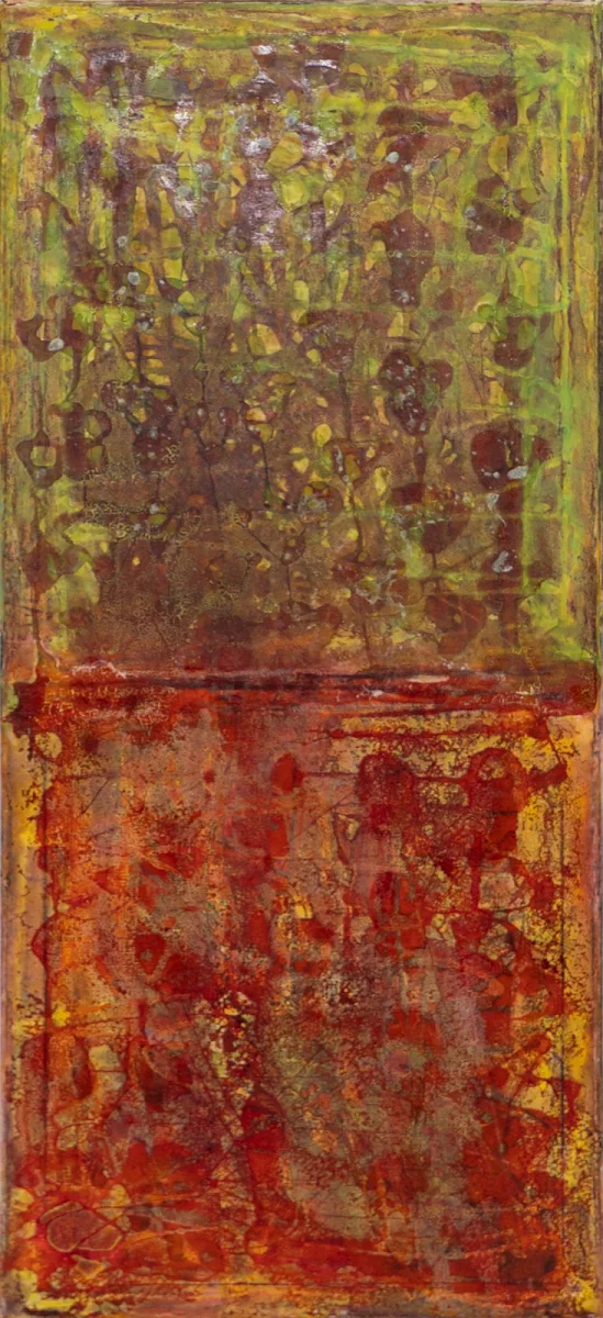 Geometría en verdes y naranjas, abstract painting by Jayo: Pigments and inks on canvas, 30 × 70 cm