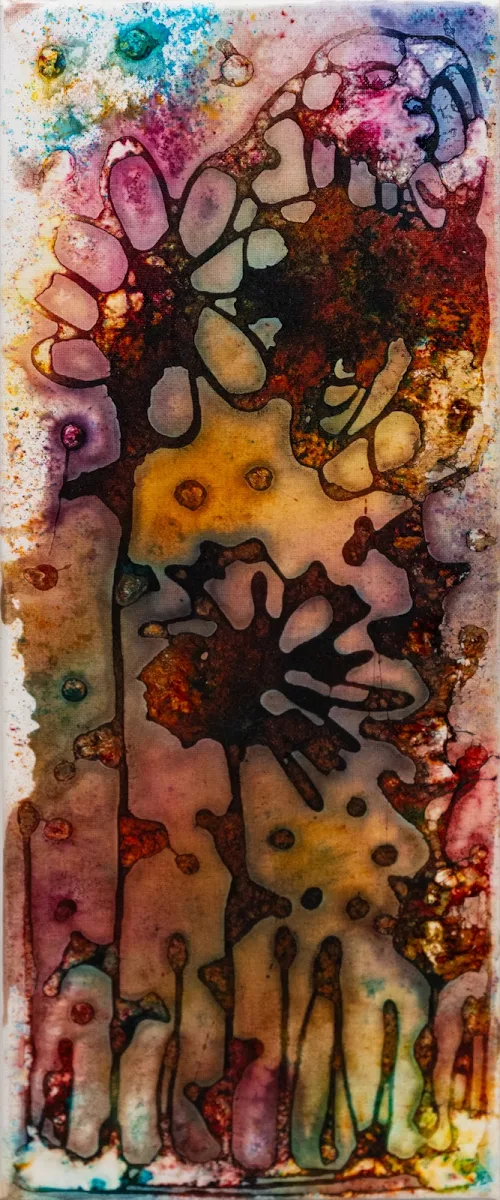Flores y colores III, abstract painting by Jayo: Inks on canvas, 20 × 50 cm