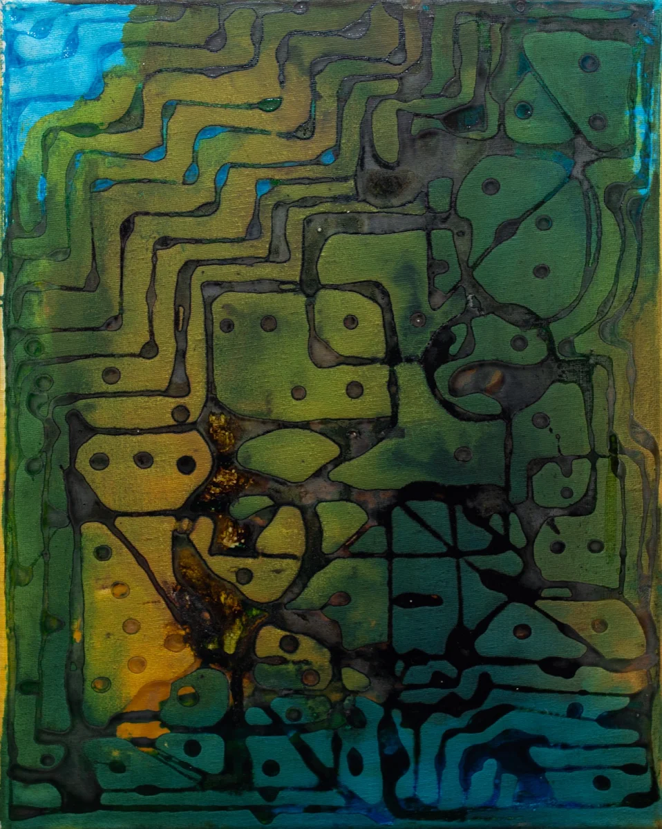 Geometría en mente, abstract painting by Jayo: Mixed media (inks) on canvas, 30 × 40 cm