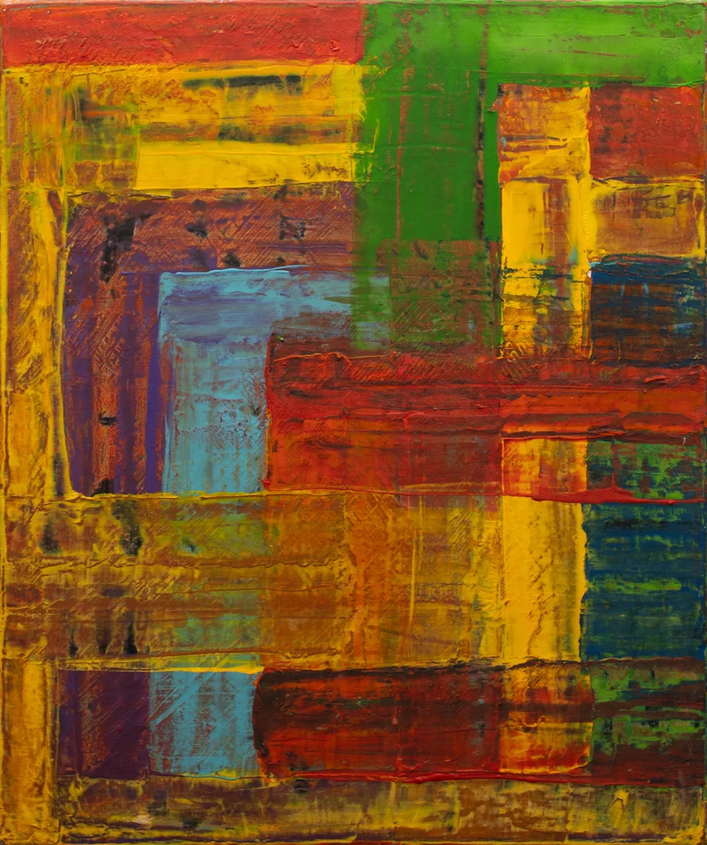 Color y geometría, abstract painting by Jayo: Mixed media over oil, 40 × 50 cm