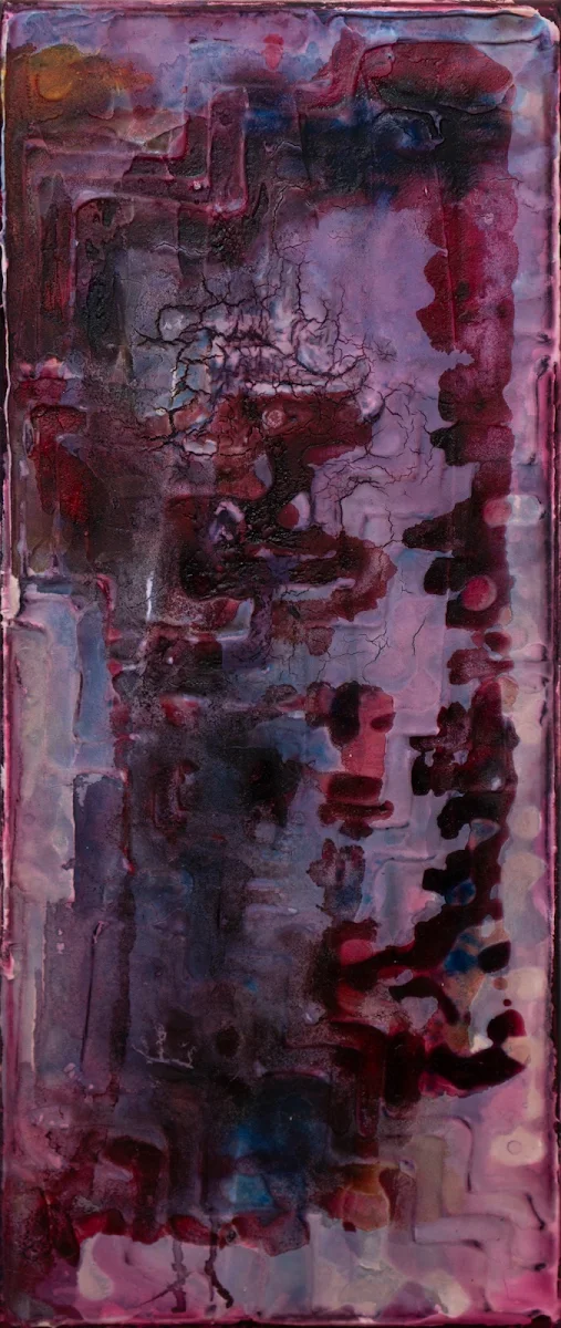 Laberinto de violetas, abstract painting by Jayo: Acrylic and inks on canvas, 20 × 50 cm