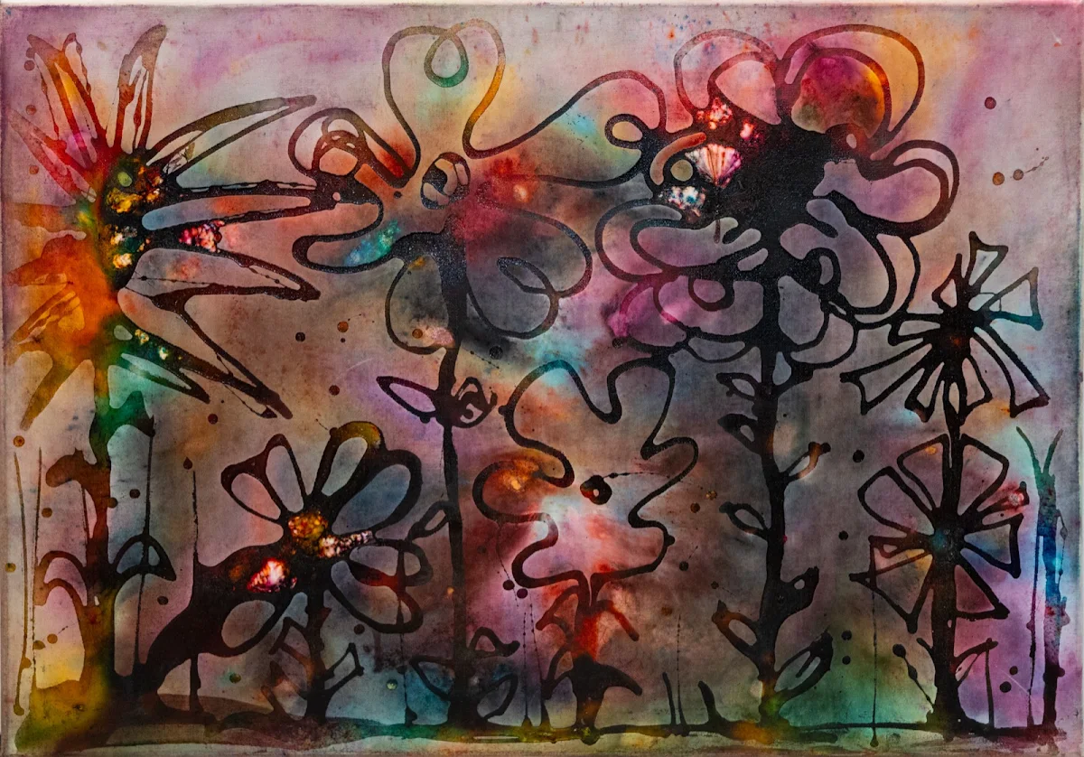 Flores y colores, abstract painting by Jayo: Inks on canvas, 50 × 70 cm