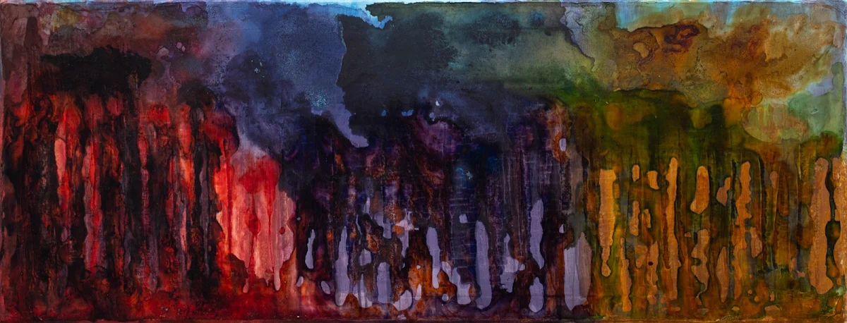 Bosque mágico, abstract painting by Jayo: Acrylic and inks on canvas, 20 × 50 cm