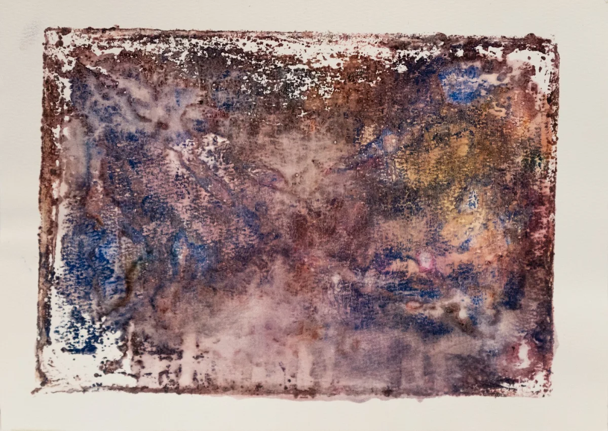 Añiles y azufre V, abstract painting by Jayo: Inks and pigment on paper, 34 × 24 cm