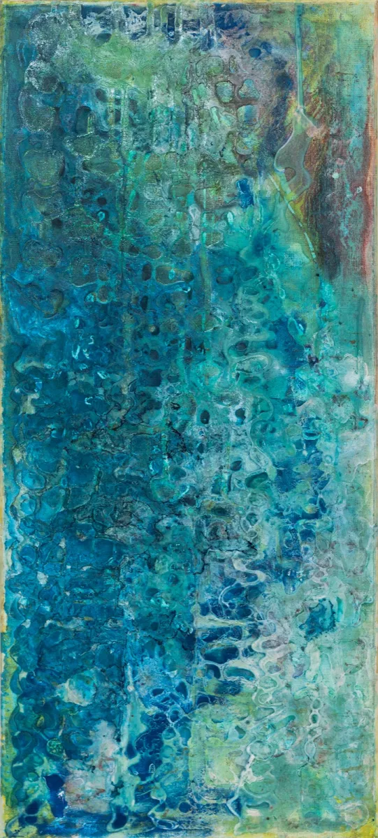 El gran azul, abstract painting by Jayo: Mixed media (acrylic and inks) on canvas, 30 × 70 cm